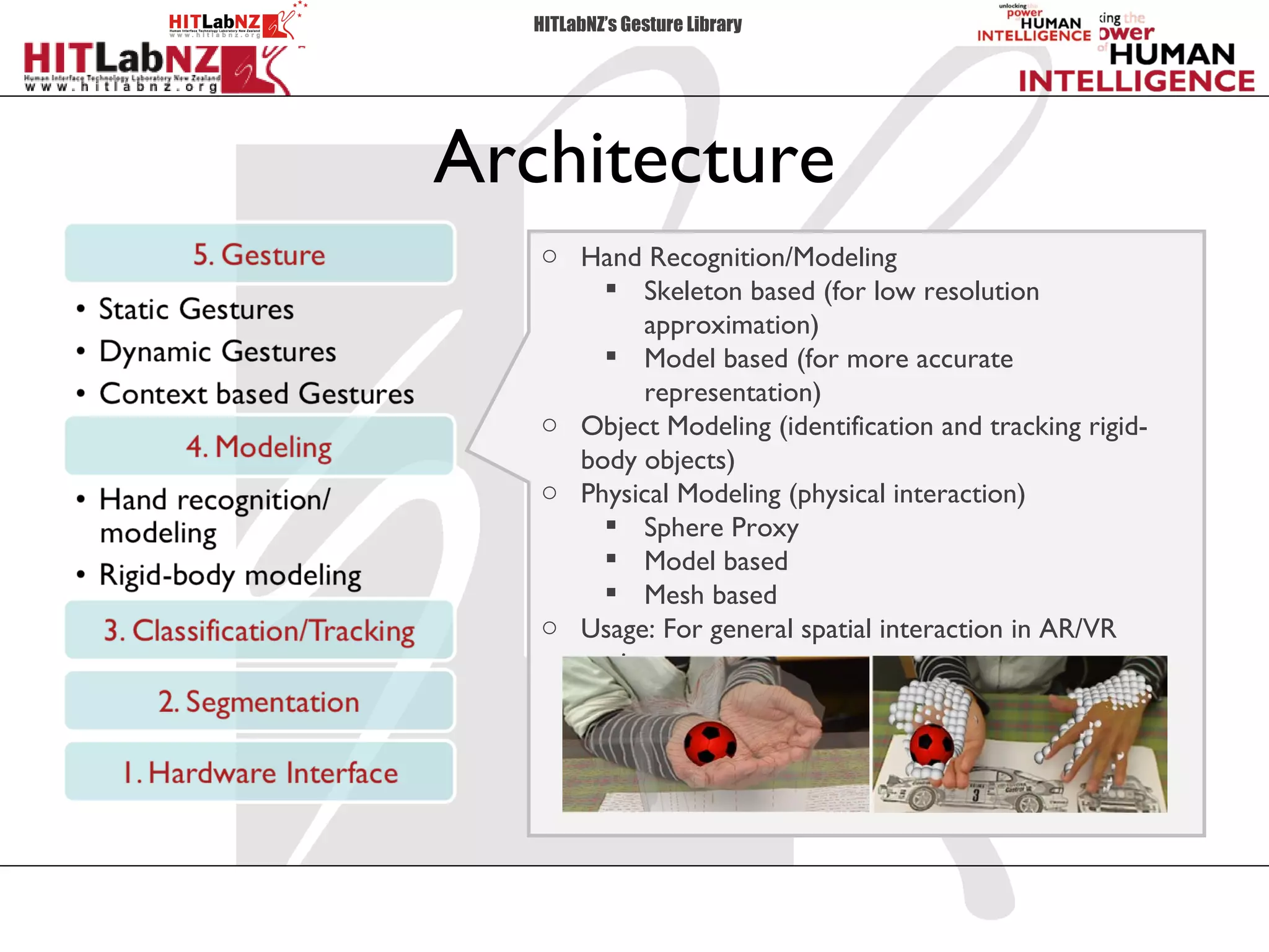 HITLabNZ’s Gesture Library




Architecture
   o Hand Recognition/Modeling
        Skeleton based (for low resolution
          approximation)
        Model based (for more accurate
          representation)
   o Object Modeling (identification and tracking rigid-
     body objects)
   o Physical Modeling (physical interaction)
        Sphere Proxy
        Model based
        Mesh based
   o Usage: For general spatial interaction in AR/VR
     environment
 