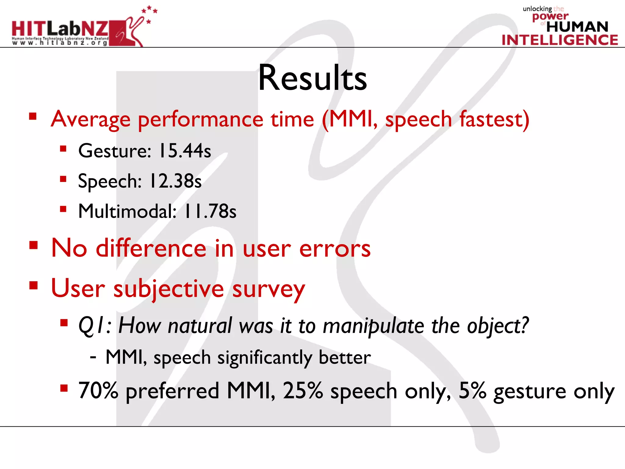 Results
 Average performance time (MMI, speech fastest)
   Gesture: 15.44s
   Speech: 12.38s
   Multimodal: 11.78s
 No difference in user errors
 User subjective survey
   Q1: How natural was it to manipulate the object?
     - MMI, speech significantly better
   70% preferred MMI, 25% speech only, 5% gesture only
 