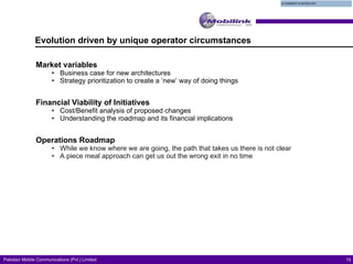Evolution driven by unique operator circumstances Market variables Business case for new architectures Strategy prioritization to create a ‘new’ way of doing things Financial Viability of Initiatives Cost/Benefit analysis of proposed changes Understanding the roadmap and its financial implications Operations Roadmap While we know where we are going, the path that takes us there is not clear A piece meal approach can get us out the wrong exit in no time 