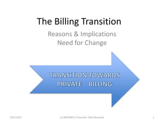 The Billing Transition
Reasons & Implications
Need for Change
(c) MEDIMCO, Presenter: Rob Maroszek2010-2011 1
 