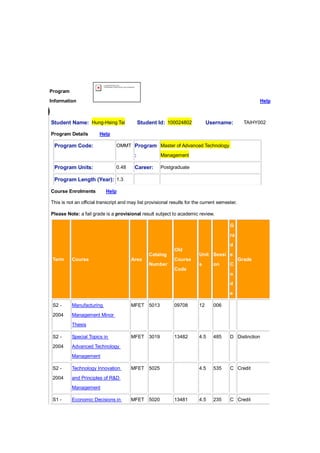 Program
Information

Help

Student Name: Hung-Hsing Tai
Program Details

Student Id: 100024802

Username:

TAIHY002

Help

Program Code:

OMMT Program Master of Advanced Technology

:
Program Units:

0.48

Management

Career:

Postgraduate

Program Length (Year): 1.3
Course Enrolments

Help

This is not an official transcript and may list provisional results for the current semester.
Please Note: a fail grade is a provisional result subject to academic review.
G
ra
d
Old
Catalog
Term

Course

Area

Unit Sessi e
Course

Number

Grade
s

on

C

Code
o
d
e
S2 -

Manufacturing

2004

MFET 5013

09708

12

006

Management Minor

MFET 3019

13482

4.5

485

D Distinction

4.5

535

C Credit

4.5

235

C Credit

Thesis
S2 -

Special Topics in

2004

Advanced Technology
Management

S2 -

Technology Innovation

2004

MFET 5025

and Principles of R&D
Management

S1 -

Economic Decisions in

MFET 5020

13481

 