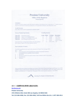 D 2 ɿα(IO)
http://preston.edu/
Preston University
3731 Wilshire Blvd. Suite 506 Los Angeles, CA 90010 USA
Tel: 213-384-4500, Fax: 213-384-4502, Toll Free Within the U.S.: 1-877-384-4511

 