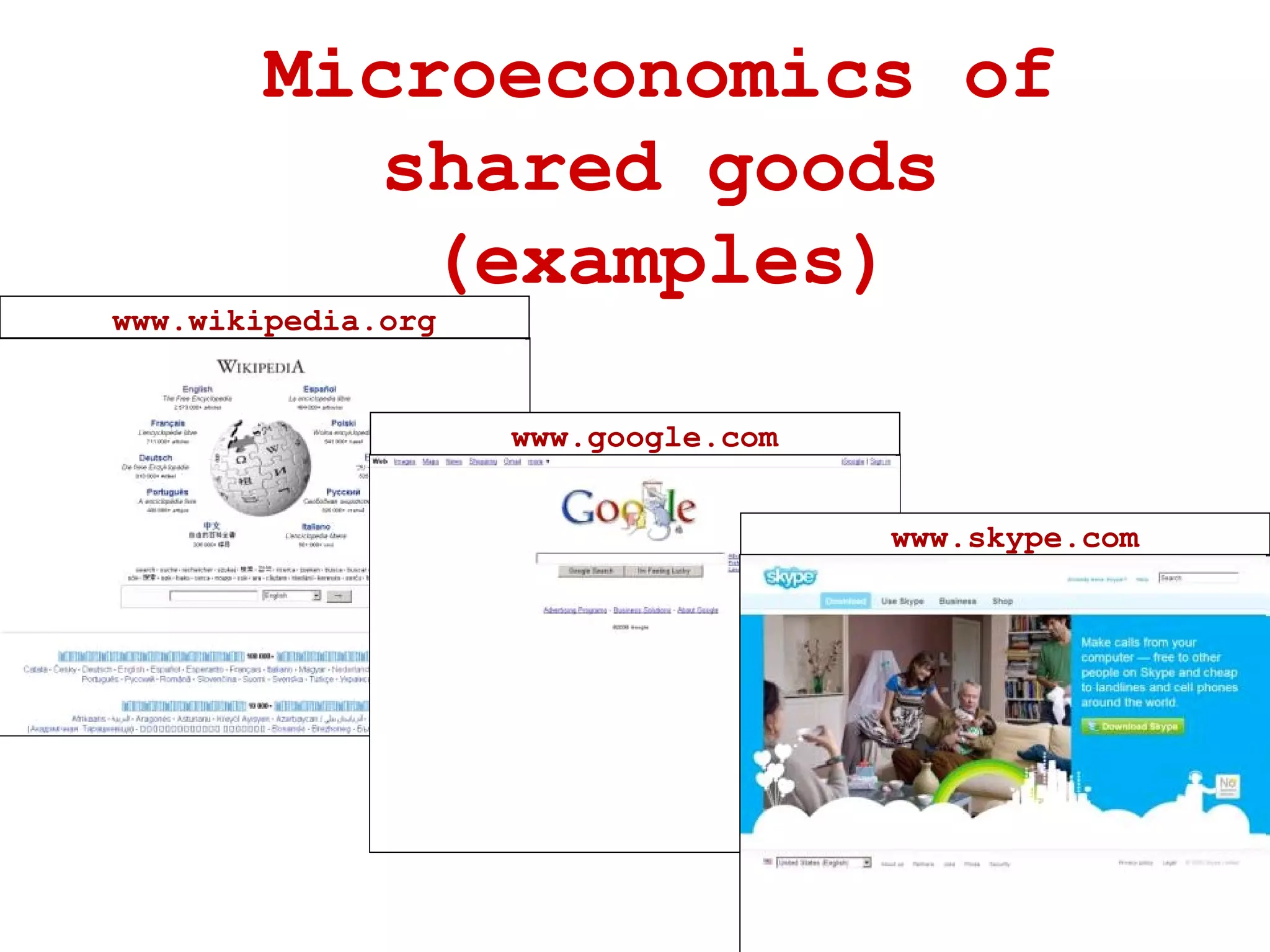 Microeconomics of shared goods (examples) www.wikipedia.org www.google.com www.skype.com 