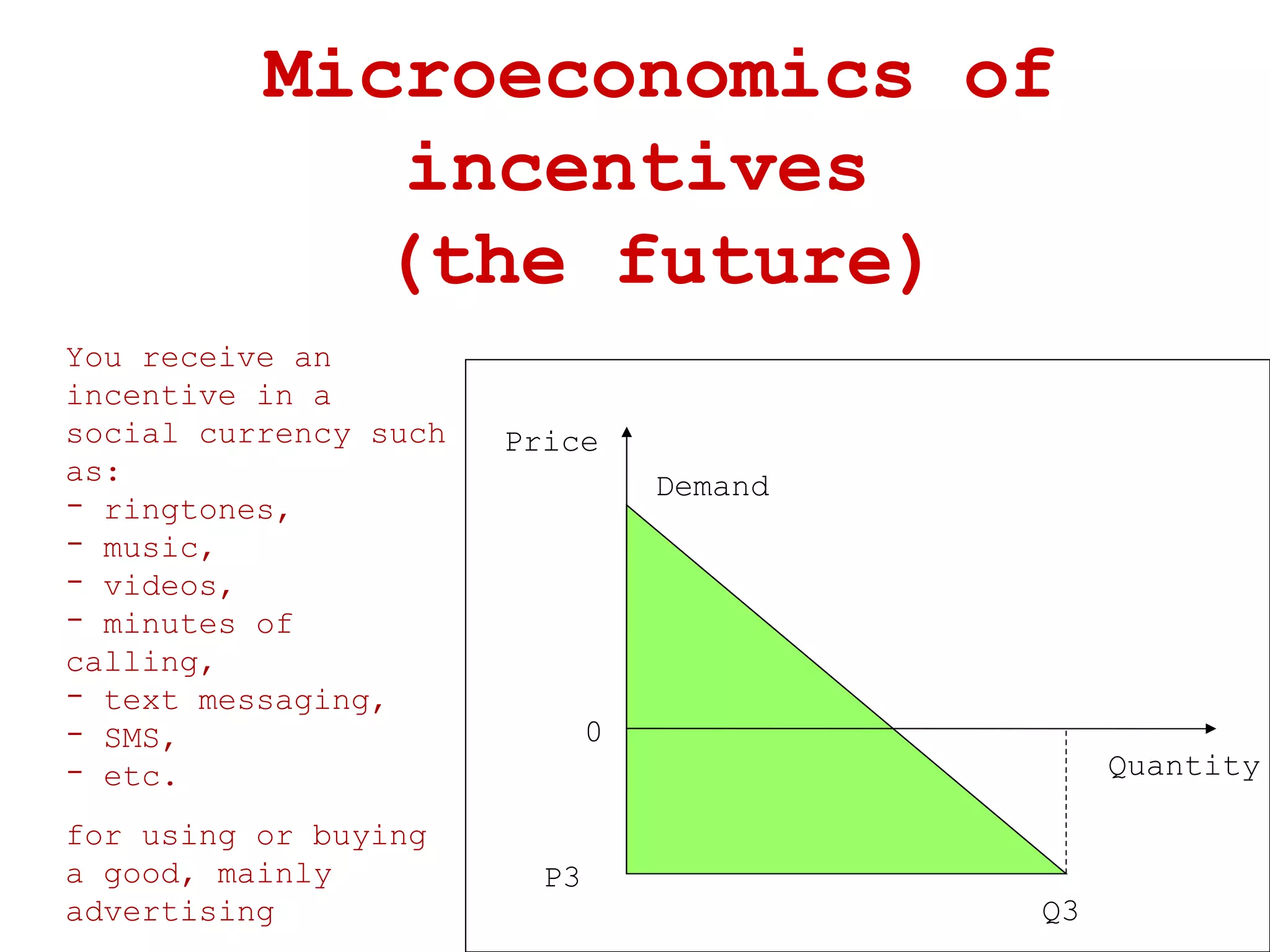 Microeconomics of incentives  (the future) You receive an incentive in a social currency such as: ringtones,  music, videos, minutes of calling, text messaging, SMS, etc.   for using or buying a good, mainly advertising Price Quantity Demand P3 Q3 0 