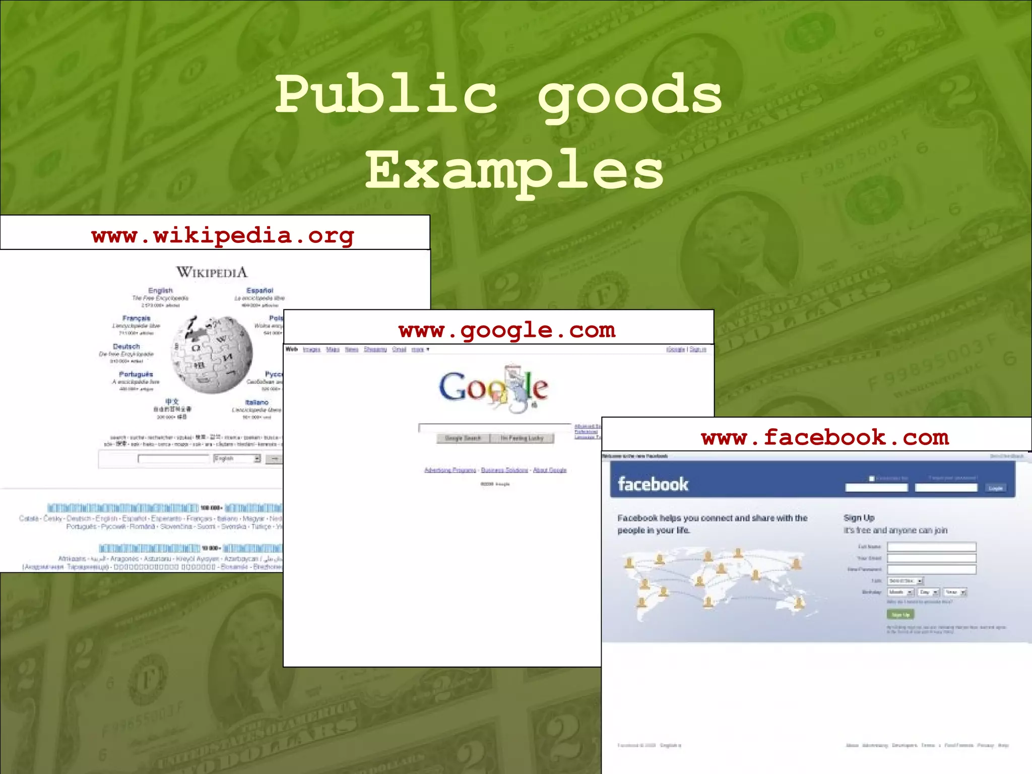 Public goods   Examples www.facebook.com www.wikipedia.org www.google.com 