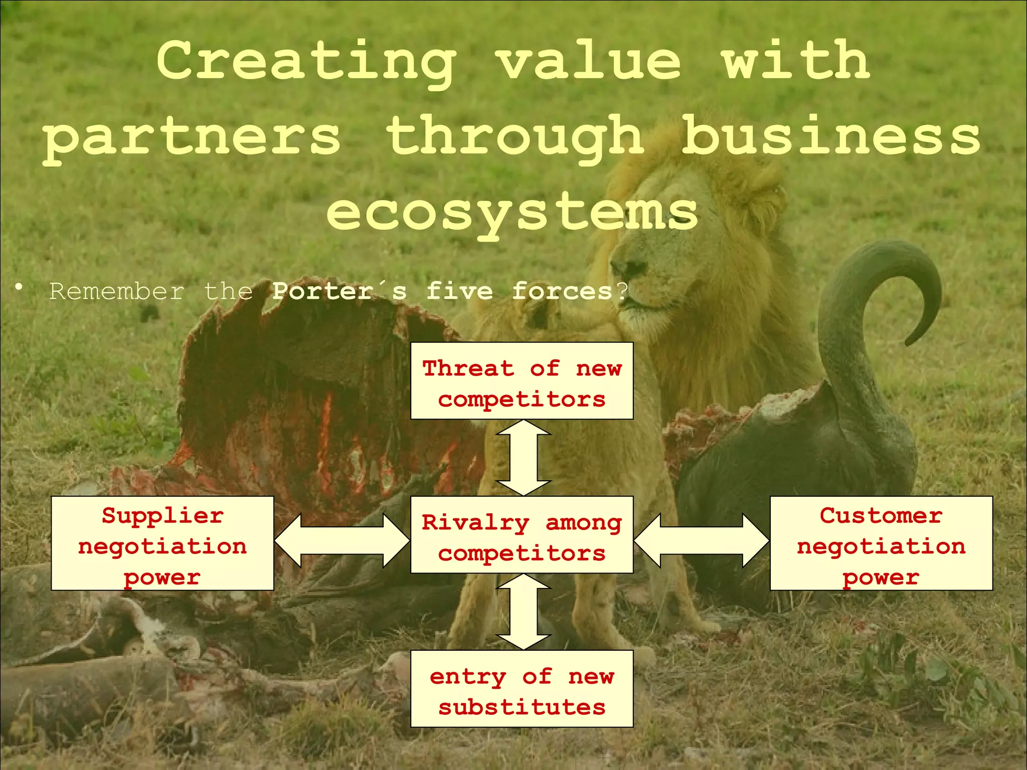 Remember the  Porter´s five forces ? Creating value with partners through business ecosystems Threat of new competitors entry of new substitutes Supplier negotiation power Customer negotiation power Rivalry among competitors 