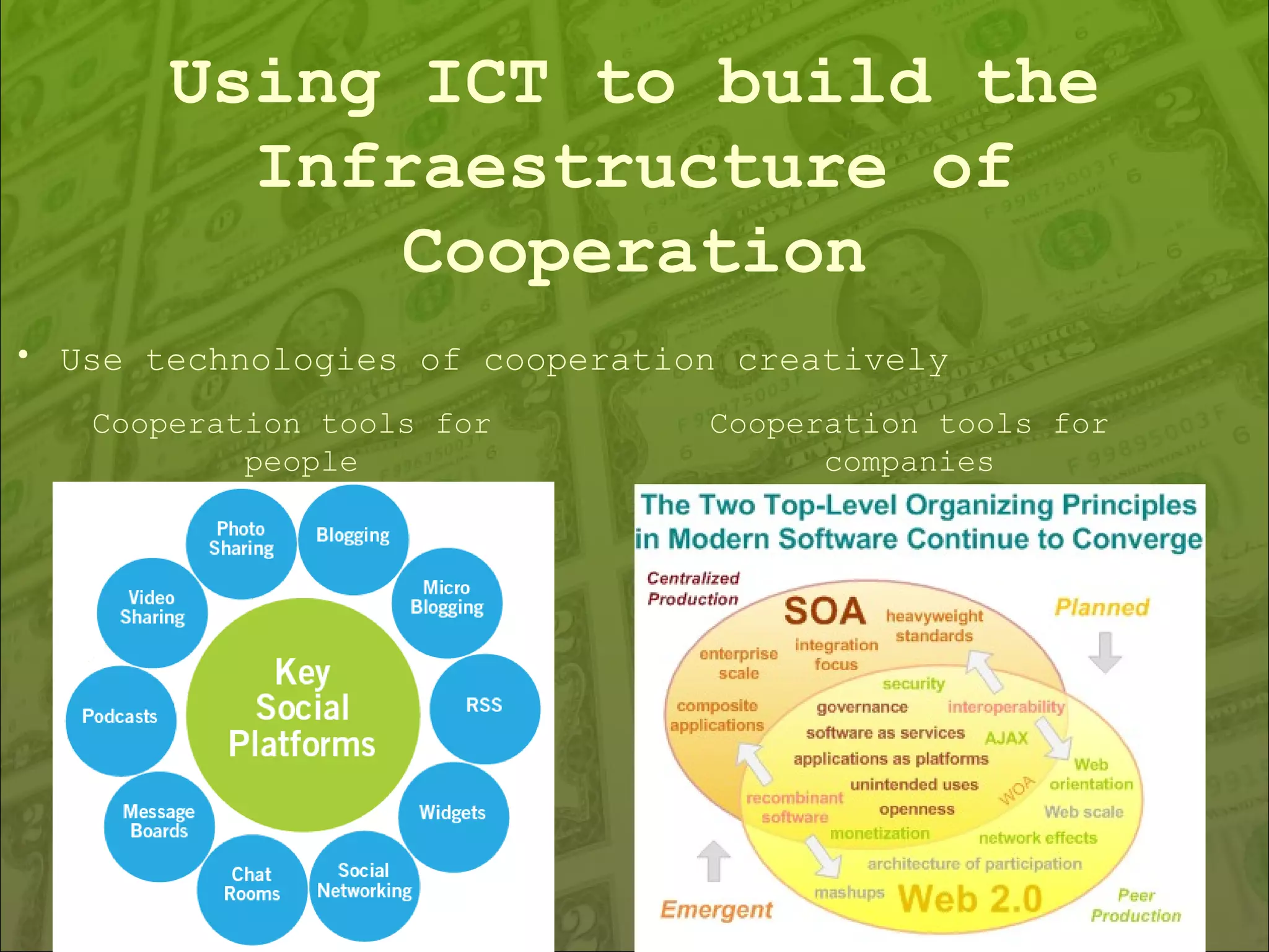 Use technologies of cooperation creatively Using ICT to build the Infraestructure of Cooperation Cooperation tools for  people Cooperation tools for companies 