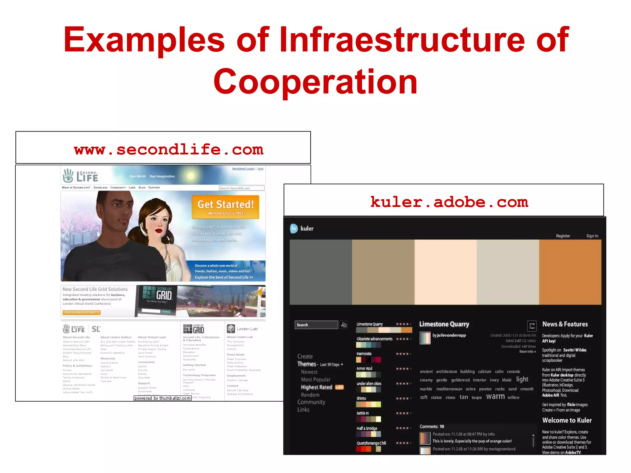 Examples of Infraestructure of Cooperation www.secondlife.com kuler.adobe.com 