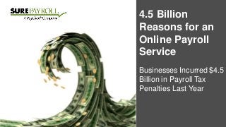 4.5 Billion
Reasons for an
Online Payroll
Service
Businesses Incurred $4.5
Billion in Payroll Tax
Penalties Last Year
 