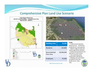  Comprehensive Plan Land Use Scenario 
Dwelling Units  55,500 
Residents  135,800 
NonresidenPal 
Floor Area 
28,300,000 
Employees  45,000 
Proﬁle: 
•   Predominantly Suburban  
Mixed land use ‐‐ mulP‐family 
residenPal and  nonresidenPal  
•   Western edge of study area 
mainly single family suburban 
•  Coastal natural preserves and 
state park to north remain  
•   Four seasonally acPve 
coastal towns add density 
•   Dwelling units and number 
of residents more than  
double across  study  
 area 
DRAFT Build‐out May 25, 2010 
 
