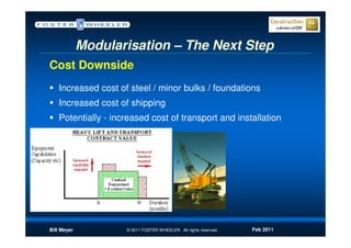 Modularisation – The Next Step
Cost Downside
   Increased cost of steel / minor bulks / foundations
   Increased cost of shipping
   Potentially - increased cost of transport and installation




Bill Meyer          © 2011 FOSTER WHEELER. All rights reserved.   Feb 2011
 