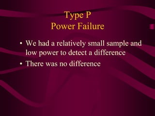 Type P
         Power Failure
• We had a relatively small sample and
  low power to detect a difference
• There was no difference
 