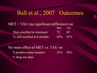 Ball et al., 2007 Outcomes
MET = TAU (no significant difference) on
                                  MET   TAU

   Days enrolled in treatment     72    69
   % still enrolled at 4 months   43%   41%


No main effect of MET vs. TAU on
  % positive urine samples        21%   28%
  % drug use days
 