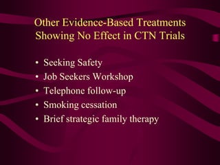 Other Evidence-Based Treatments
Showing No Effect in CTN Trials

•   Seeking Safety
•   Job Seekers Workshop
•   Telephone follow-up
•   Smoking cessation
•   Brief strategic family therapy
 