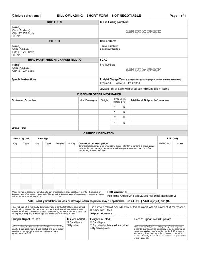 bill of lading bill of lading short form