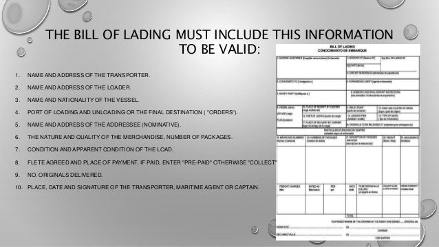 What is some information found on a bill of landing form?