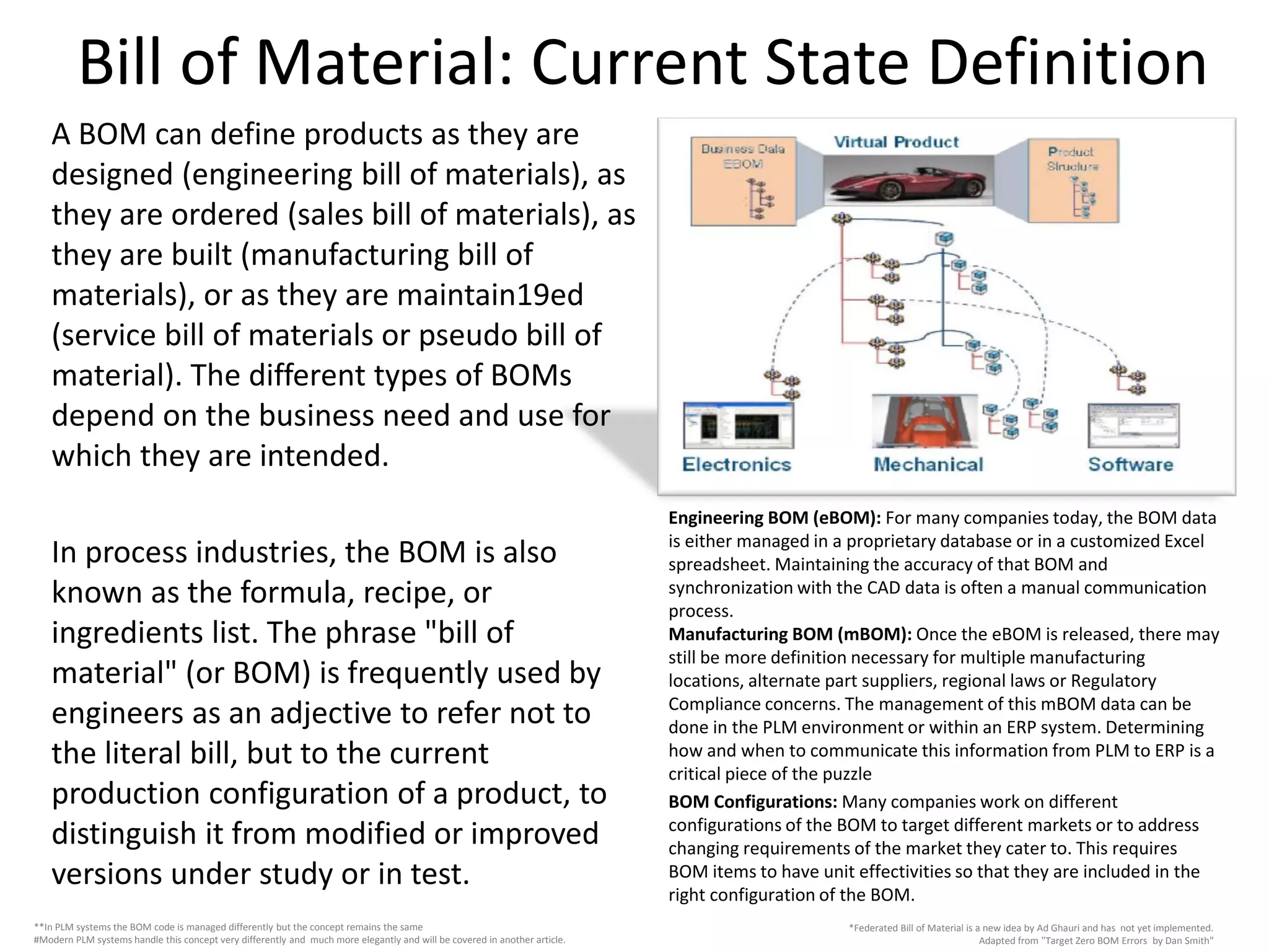 Bill of Material: Current State Definition
A BOM can define products as they are
designed (engineering bill of materials), as
they are ordered (sales bill of materials), as
they are built (manufacturing bill of
materials), or as they are maintain19ed
(service bill of materials or pseudo bill of
material). The different types of BOMs
depend on the business need and use for
which they are intended.
In process industries, the BOM is also
known as the formula, recipe, or
ingredients list. The phrase "bill of
material" (or BOM) is frequently used by
engineers as an adjective to refer not to
the literal bill, but to the current
production configuration of a product, to
distinguish it from modified or improved
versions under study or in test.
Engineering BOM (eBOM): For many companies today, the BOM data
is either managed in a proprietary database or in a customized Excel
spreadsheet. Maintaining the accuracy of that BOM and
synchronization with the CAD data is often a manual communication
process.
Manufacturing BOM (mBOM): Once the eBOM is released, there may
still be more definition necessary for multiple manufacturing
locations, alternate part suppliers, regional laws or Regulatory
Compliance concerns. The management of this mBOM data can be
done in the PLM environment or within an ERP system. Determining
how and when to communicate this information from PLM to ERP is a
critical piece of the puzzle
BOM Configurations: Many companies work on different
configurations of the BOM to target different markets or to address
changing requirements of the market they cater to. This requires
BOM items to have unit effectivities so that they are included in the
right configuration of the BOM.
*Federated Bill of Material is a new idea by Ad Ghauri and has not yet implemented.
Adapted from "Target Zero BOM Errors by Dan Smith"
**In PLM systems the BOM code is managed differently but the concept remains the same
#Modern PLM systems handle this concept very differently and much more elegantly and will be covered in another article.
 
