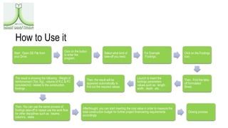 How to Use it
Start : Open QS File from
your Drive.
Click on the button
to enter the
program.
Select what kind of
take-off you need .
For Example
:Footings.
Click on the Footings
icon.
Then , Find the take-
off formulated
Sheet.
Launch to insert the
footings parameters
values such as : length ,
width , depth ..etc. .
Then, the result will be
appeared automatically to
find out the required values .
The result is showing the following : Weight of
reinforcement (Ton, Kg) , volume of R.C & PC
concrete(m3) related to the construction
footings .
Then, You can use the same process of
footings take-off to repeat use the work flow
for other disciplines such as : beams ,
columns , slabs .
Afterthought, you can start inserting the cost value in order to measure the
total construction budget for further project financiering requirements
accordingly .
Closing process
 