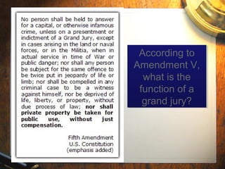 According to 
Amendment V, 
what is the 
function of a 
grand jury? 
According to 
Amendment V, 
what is the 
function of a 
grand jury? 
 