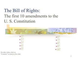 1
The Bill of Rights:
The first 10 amendments to the
U. S. Constitution
1st
2nd
3rd
4th
5th
6th
7th
8th
9th
10th
On other slides, click on
“Contents” to return to this slide.
 