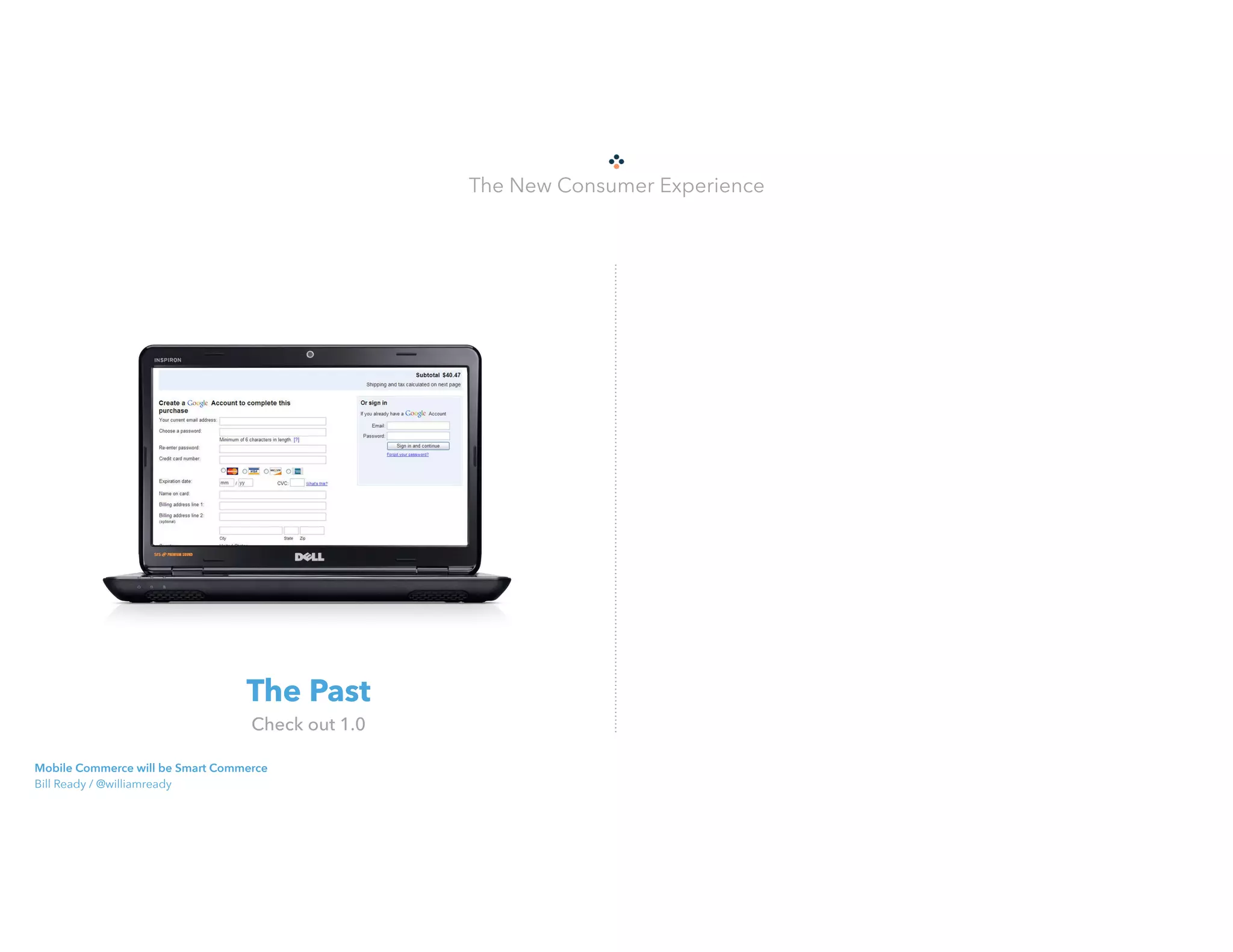 The New Consumer Experience
The Past 
Check out 1.0
Mobile Commerce will be Smart Commerce 
Bill Ready / @williamready
 
