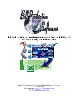 Bill Redirect Software can collects real-time data from any RS232 serial
                port device directly into Microsoft Excel




           Use this documentation with the product : Bill Redirect Version 6.0N or more.
                                        (Rev.: 16/08/2009)
                      Our Internet site: http://www.billproduction.com/
                              Email: info@BillProduction.com
 