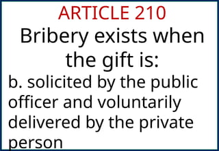 ARTICLE 210
Bribery exists when
the gift is:
b. solicited by the public
officer and voluntarily
delivered by the private
person
 