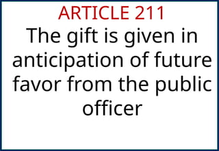 ARTICLE 211
The gift is given in
anticipation of future
favor from the public
officer
 
