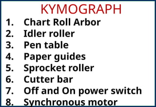 KYMOGRAPH
1. Chart Roll Arbor
2. Idler roller
3. Pen table
4. Paper guides
5. Sprocket roller
6. Cutter bar
7. Off and On power switch
8. Synchronous motor
 