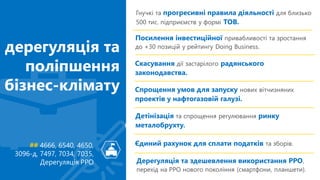 Гнучкі та прогресивні правила діяльності для близько
500 тис. підприємств у формі ТОВ.
## 4666, 6540, 4650,
3096-д, 7497, 7034, 7035,
Дерегуляція РРО
дерегуляція та
поліпшення
бізнес-клімату
Посилення інвестиційної привабливості та зростання
до +30 позицій у рейтингу Doing Business.
Скасування дії застарілого радянського
законодавства.
Спрощення умов для запуску нових вітчизняних
проектів у нафтогазовій галузі.
Детінізація та спрощення регулювання ринку
металобрухту.
Єдиний рахунок для сплати податків та зборів.
Дерегуляція та здешевлення використання РРО,
перехід на РРО нового покоління (смартфони, планшети).
 