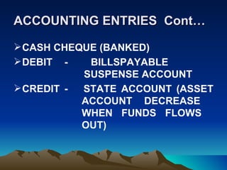 ACCOUNTING ENTRIES Cont…

 CASH CHEQUE (BANKED)
 DEBIT -   BILLSPAYABLE
           SUSPENSE ACCOUNT
 CREDIT - STATE ACCOUNT (ASSET
           ACCOUNT DECREASE
           WHEN FUNDS FLOWS
           OUT)
 