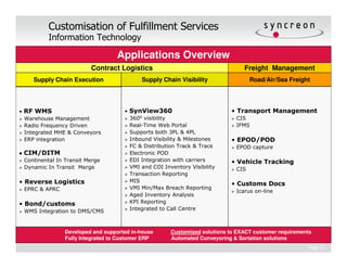 Customisation of Fulfillment Services
          Information Technology

                                  Applications Overview
                         Contract Logistics                                     Freight Management
    Supply Chain Execution                 Supply Chain Visibility                 Road/Air/Sea Freight




• RF WMS                             • SynView360                           • Transport Management
  Warehouse Management                 3600 visibility                       CIS
  Radio Frequency Driven               Real-Time Web Portal                  IFMS
  Integrated MHE & Conveyors           Supports both 3PL & 4PL
  ERP integration                      Inbound Visibility & Milestones      • EPOD/POD
                                       FC & Distribution Track & Trace       EPOD capture
 CIM/DITM                              Electronic POD
 Continental In Transit Merge          EDI Integration with carriers        • Vehicle Tracking
 Dynamic In Transit Merge              VMI and COI Inventory Visibility      CIS
                                       Transaction Reporting
• Reverse Logistics                    MIS
                                                                            • Customs Docs
 EPRC & APRC                           VMI Min/Max Breach Reporting
                                                                             Icarus on-line
                                       Aged Inventory Analysis
• Bond/customs                         KPI Reporting
 WMS Integration to DMS/CMS            Integrated to Call Centre



                Developed and supported in-house      Customised solutions to EXACT customer requirements
                Fully Integrated to Customer ERP      Automated Conveyoring & Sortation solutions
                                                                                                        Page 12
 