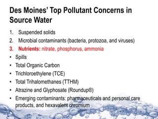 Des Moines’ Top Pollutant Concerns in
Source Water
1. Suspended solids
2. Microbial contaminants (bacteria, protozoa, and viruses)
3. Nutrients: nitrate, phosphorus, ammonia
• Spills
• Total Organic Carbon
• Trichloroethylene (TCE)
• Total Trihalomethanes (TTHM)
• Atrazine and Glyphosate (Roundup®)
• Emerging contaminants: pharmaceuticals and personal care
products, and hexavalent chromium
 