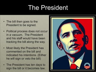 The President The bill then goes to the President to be signed.Political process does not occur in a vacuum.  The President and his staff would have been tracking the bill along the way.Most likely the President has commented on the bill and indicated his intentions. (Either he will sign or veto the bill) The President has ten days to sign the bill or it becomes law. 