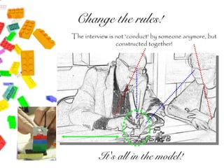 Change the rules!
The interview is not 'conduct' by someone anymore, but
                 constructed together!




                       ``




          It's all in the model!
 