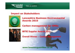 C L E A N   A I R   S O L U T I O N S




Impact on Stakeholders

        Lancashire Business Environmental
        Awards 2010

        Carbon management for SMEs

        MITIE Supplier Awards 2011

        Overall Winner – Carbon Management




        www.lowenergyairfilter.co.uk               10
 