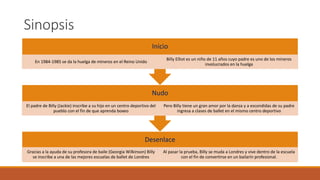 Sinopsis
Desenlace
Gracias a la ayuda de su profesora de baile (Georgia Wilkinson) Billy
se inscribe a una de las mejores escuelas de ballet de Londres
Al pasar la prueba, Billy se muda a Londres y vive dentro de la escuela
con el fin de convertirse en un bailarín profesional.
Nudo
El padre de Billy (Jackie) inscribe a su hijo en un centro deportivo del
pueblo con el fin de que aprenda boxeo
Pero Billy tiene un gran amor por la danza y a escondidas de su padre
ingresa a clases de ballet en el mismo centro deportivo
Inicio
En 1984-1985 se da la huelga de mineros en el Reino Unido
Billy Elliot es un niño de 11 años cuyo padre es uno de los mineros
involucrados en la huelga
 