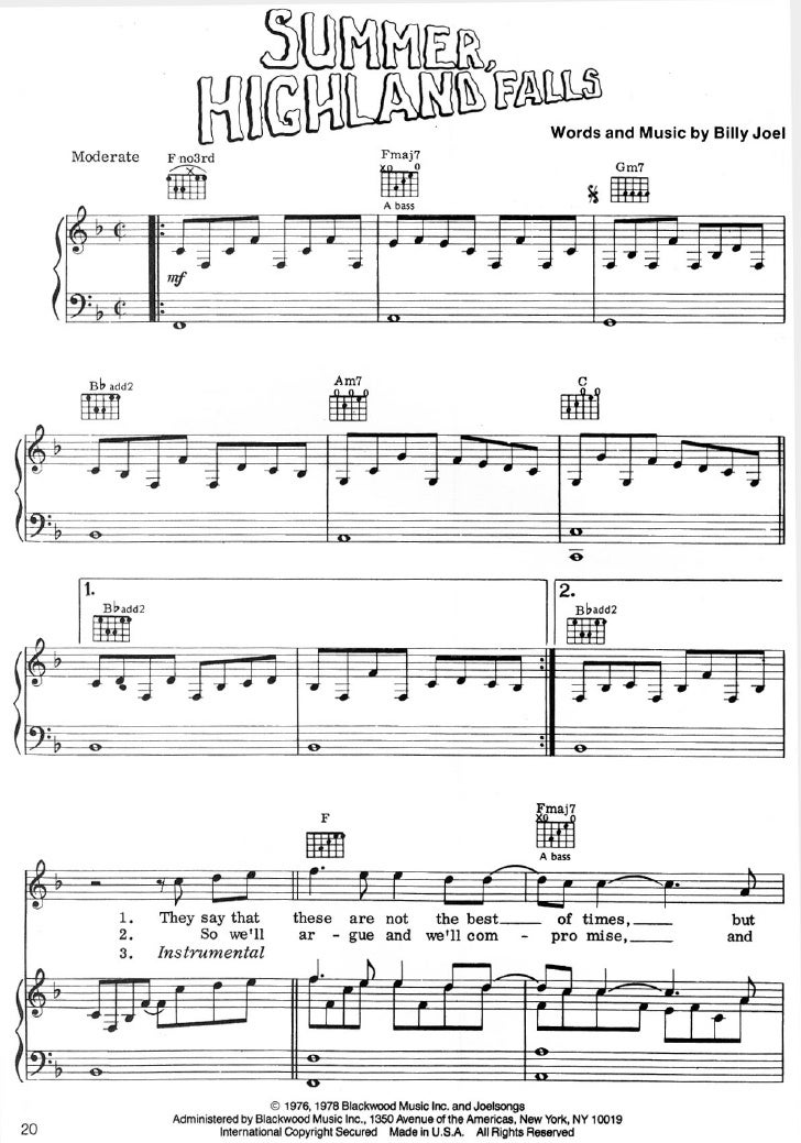 billy joel summer highland falls sheet summer sheet