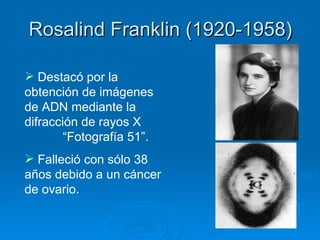 Rosalind Franklin (1920-1958) Destacó por la obtención de imágenes de ADN mediante la difracción de rayos X  “Fotografía 51”.  Falleció con sólo 38 años debido a un cáncer de ovario. 