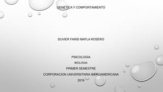 GENÉTICA Y COMPORTAMIENTO
DUVIER FARID MAFLA ROSERO
PSICOLOGIA
BIOLOGIA
PRIMER SEMESTRE
CORPORACION UNIVERSITARIA IBEROAMERICANA
2019
 