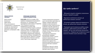 Безпечні
вулиці
МІСЦЕ СКОЄННЯ
ЗЛОЧИНУ
Центр селища
Автовокзал
Район ринку
Місця розташування
розважальних та торгівельних
закладів, де реалізуються
населенню спиртні напої
(магазини, супермаркет, кафе,
бари)
- Збільшити кількість патрулів у зазначених
місцях у темний час доби.
- Відновити освітлення в місцях, де
найчастіше скоюють злочини.
- Установити камери відеоспостереження в
місцях, де найчастіше скоюють злочини.
- Проводити роз’яснювальну роботу серед
громадян, здійснювати виступи у ЗМІ за
темами: «Як не стати об’єктом злочинного
посягання», «Первинні дії потерпілого в разі
скоєння стосовно нього злочину» тощо.
Що треба зробити?
ПРИКЛАДИ ЗЛОЧИНІВ Й
РОБОТИ ПОЛІЦІЇ ПО НИХ
29.04.2020 о 06:15 на службу «102»
надійшло повідомлення від місцевого
мешканця с.м.т. Біловодськ про
пошкодження пам’ятників на кладовищі.
Після отримання вказаного
повідомлення на місце події
начальником ВП було піднято особовий
склад по тривозі і направлено слідчо-
оперативну групу. По прибуттю було
встановлено, що в ніч з 28.04.2020 на
29.04.2020 на віддаленому кладовищі,
що на околиці селища, пошкоджено 30
дерев’яних хрестів, лавочки зі столами
та на одній могилі повалено гранітну
плиту з пам’ятними надписами.
З метою оперативного розкриття
цього злочину було орієнтовано усі
наряди з охорони публічного
порядку та групи реагування
патрульної поліції, практично весь
особовий склад був задіяний на
проведення розшукових заходів.
Поліцейські провели подворові
обходи селища поблизу цвинтаря
та опитали селян.
Проведеними оперативно-
розшуковими заходами
працівниками поліції у скоєнні
вказаного кримінального
правопорушення було викрито
менше чім за годину п’ять
малолітніх дітей віком від 6 до 11
років від яких було отримано
зізнання.
Проводяться слідчі дії з метою
встановлення мотивів та інших
обставин цього злочину.
 