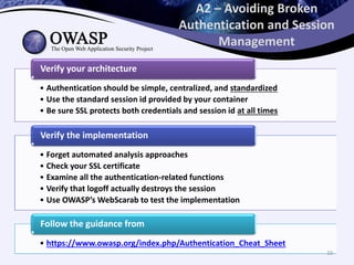 A2 – Avoiding Broken
Authentication and Session
Management
• Authentication should be simple, centralized, and standardized
• Use the standard session id provided by your container
• Be sure SSL protects both credentials and session id at all times
Verify your architecture
• Forget automated analysis approaches
• Check your SSL certificate
• Examine all the authentication-related functions
• Verify that logoff actually destroys the session
• Use OWASP’s WebScarab to test the implementation
Verify the implementation
• https://www.owasp.org/index.php/Authentication_Cheat_Sheet
Follow the guidance from
10
 