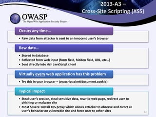 2013-A3 –
Cross-Site Scripting (XSS)
• Raw data from attacker is sent to an innocent user’s browser
Occurs any time…
• Stored in database
• Reflected from web input (form field, hidden field, URL, etc…)
• Sent directly into rich JavaScript client
Raw data…
• Try this in your browser – javascript:alert(document.cookie)
Virtually every web application has this problem
• Steal user’s session, steal sensitive data, rewrite web page, redirect user to
phishing or malware site
• Most Severe: Install XSS proxy which allows attacker to observe and direct all
user’s behavior on vulnerable site and force user to other sites
Typical Impact
12
 