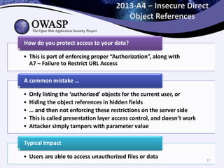 2013-A4 – Insecure Direct
Object References
• This is part of enforcing proper “Authorization”, along with
A7 – Failure to Restrict URL Access
How do you protect access to your data?
• Only listing the ‘authorized’ objects for the current user, or
• Hiding the object references in hidden fields
• … and then not enforcing these restrictions on the server side
• This is called presentation layer access control, and doesn’t work
• Attacker simply tampers with parameter value
A common mistake …
• Users are able to access unauthorized files or data
Typical Impact
17
 