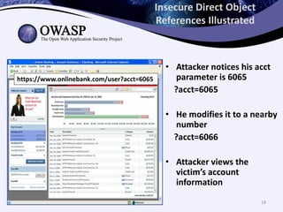 Insecure Direct Object
References Illustrated
• Attacker notices his acct
parameter is 6065
?acct=6065
• He modifies it to a nearby
number
?acct=6066
• Attacker views the
victim’s account
information
https://www.onlinebank.com/user?acct=6065
18
 