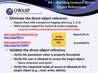 A4 – Avoiding Insecure Direct
Object References
• Eliminate the direct object reference
– Replace them with a temporary mapping value (e.g. 1, 2, 3)
– ESAPI provides support for numeric & random mappings
• IntegerAccessReferenceMap & RandomAccessReferenceMap
• Validate the direct object reference
– Verify the parameter value is properly formatted
– Verify the user is allowed to access the target object
• Query constraints work great!
– Verify the requested mode of access is allowed to the
target object (e.g., read, write, delete)
http://app?file=1
Report123.xls
http://app?id=7d3J93
Acct:9182374http://app?id=9182374
http://app?file=Report123.xls
Access
Reference
Map
19
 