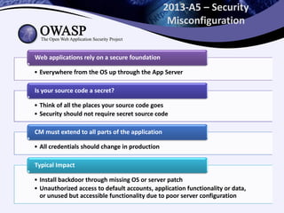 2013-A5 – Security
Misconfiguration
• Everywhere from the OS up through the App Server
Web applications rely on a secure foundation
• Think of all the places your source code goes
• Security should not require secret source code
Is your source code a secret?
• All credentials should change in production
CM must extend to all parts of the application
• Install backdoor through missing OS or server patch
• Unauthorized access to default accounts, application functionality or data,
or unused but accessible functionality due to poor server configuration
Typical Impact
 