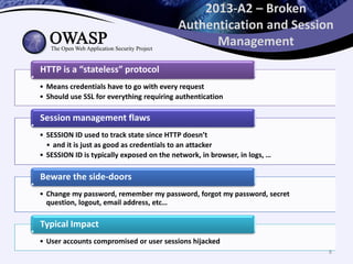 2013-A2 – Broken
Authentication and Session
Management
• Means credentials have to go with every request
• Should use SSL for everything requiring authentication
HTTP is a “stateless” protocol
• SESSION ID used to track state since HTTP doesn’t
• and it is just as good as credentials to an attacker
• SESSION ID is typically exposed on the network, in browser, in logs, …
Session management flaws
• Change my password, remember my password, forgot my password, secret
question, logout, email address, etc…
Beware the side-doors
• User accounts compromised or user sessions hijacked
Typical Impact
8
 