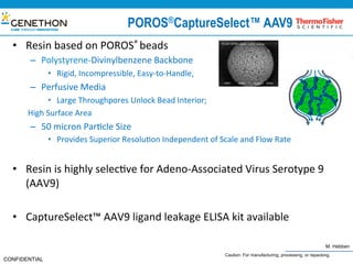 M. Hebben
CONFIDENTIAL
POROS®CaptureSelect™ AAV9
•  Resin	based	on	POROS®	beads	
–  Polystyrene-Divinylbenzene	Backbone	
•  Rigid,	Incompressible,	Easy-to-Handle,		
–  Perfusive	Media	
•  Large	Throughpores	Unlock	Bead	Interior;		
High	Surface	Area		
–  50	micron	Par@cle	Size	
•  Provides	Superior	Resolu@on	Independent	of	Scale	and	Flow	Rate		
	
•  Resin	is	highly	selec@ve	for	Adeno-Associated	Virus	Serotype	9	
(AAV9)	
•  CaptureSelect™	AAV9	ligand	leakage	ELISA	kit	available	
Caution: For manufacturing, processing, or repacking.
 