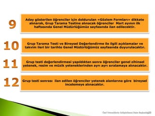 23
Grup Tarama Testi ve Bireysel Değerlendirme ile ilgili açıklamalar ve
takvim ileri bir tarihte Genel Müdürlüğümüz sayfasında duyurulacaktır.
Grup testi sonrası ilan edilen öğrenciler yetenek alanlarına göre bireysel
incelemeye alınacaktır.
Grup testi değerlendirmesi yapıldıktan sonra öğrenciler genel zihinsel
yetenek, resim ve müzik yeteneklerinden ayrı ayrı sıralamaya alınacaktır.
Aday gösterilen öğrenciler için doldurulan «Gözlem Formları» dikkate
alınarak, Grup Tarama Testine alınacak öğrenciler Mart ayının ilk
haftasında Genel Müdürlüğümüz sayfasında ilan edilecektir.
Özel Yeteneklerin Geliştirilmesi Daire Başkanlığı
 